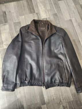 VINTAGE IZOD Genuine Leather - Wool & Polyester Lining - Bomber Jacket L Brown